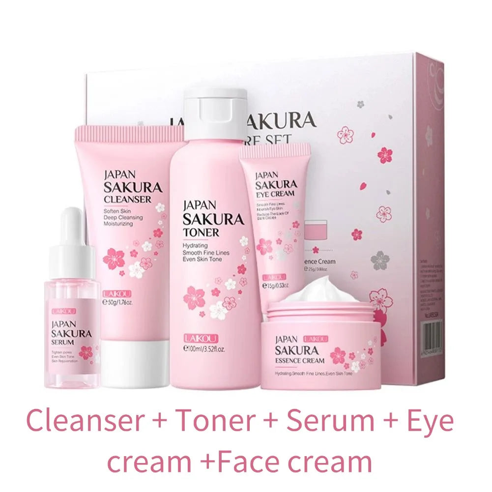 Sakura skin care sets with cleanser, serum, eye cream, facial cream, sunscreen beauty products for women, travel skin care kit