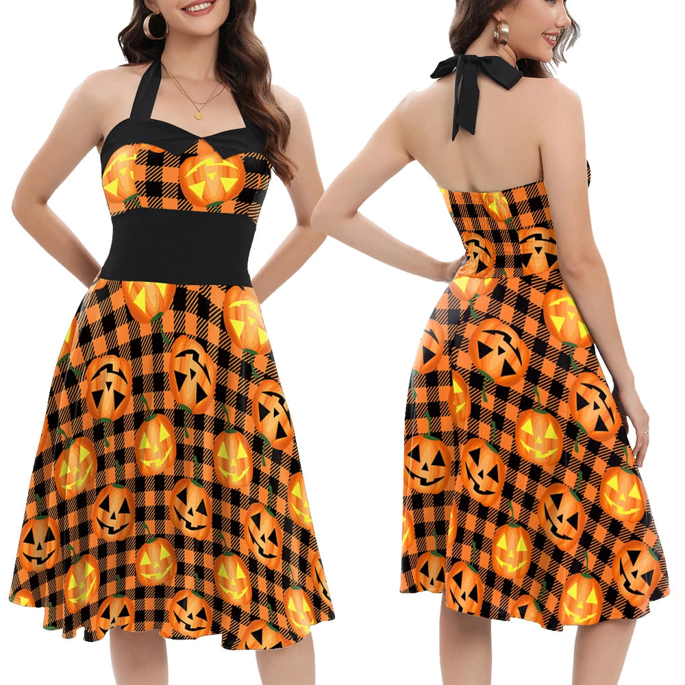 [You're My Secret] Halloween Cosplay Women Skeleton Pumpkin Print Gothic Backless Dress Carnival Party Gown Day of The Dead