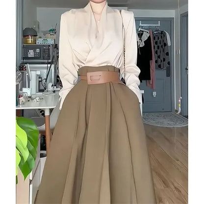 Women's Skirt Suit Women's Spring New Casual Temperament Joker Shirt Women's High Waist A-shaped Skirt Two-piece Suit