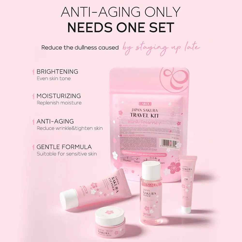 Sakura skin care sets with cleanser, serum, eye cream, facial cream, sunscreen beauty products for women, travel skin care kit
