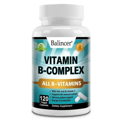 Vitamin B Complex Supplement, Containing Folic Acid and Vitamin C, Supports Energy, Immune Health, Antioxidant Supplement