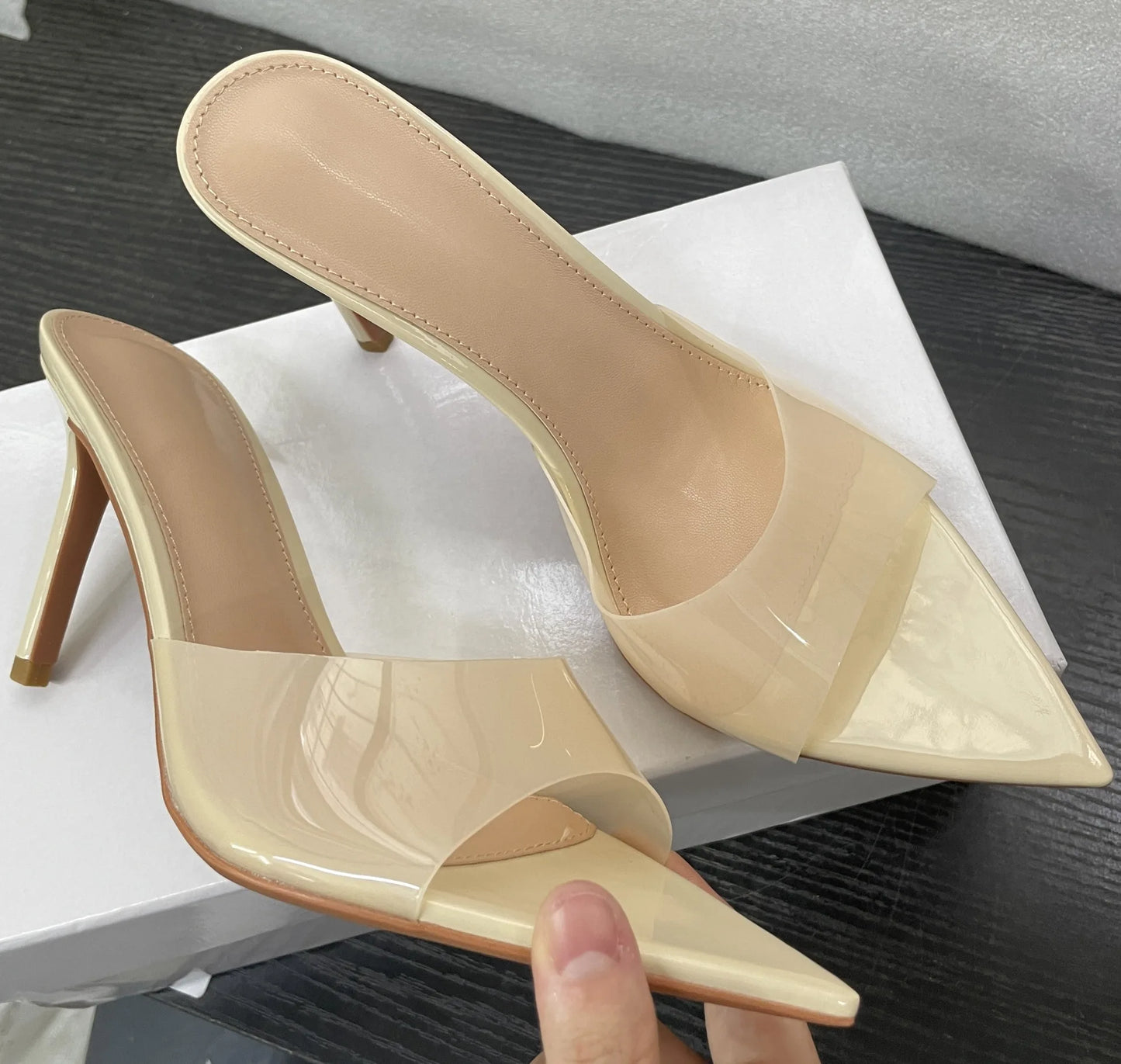 PVC Transparent Jelly Shoes For Women Sexy Pointed Open Toe Shallow Slider Slippers Ladies Sandals Stiletto Heels Mule