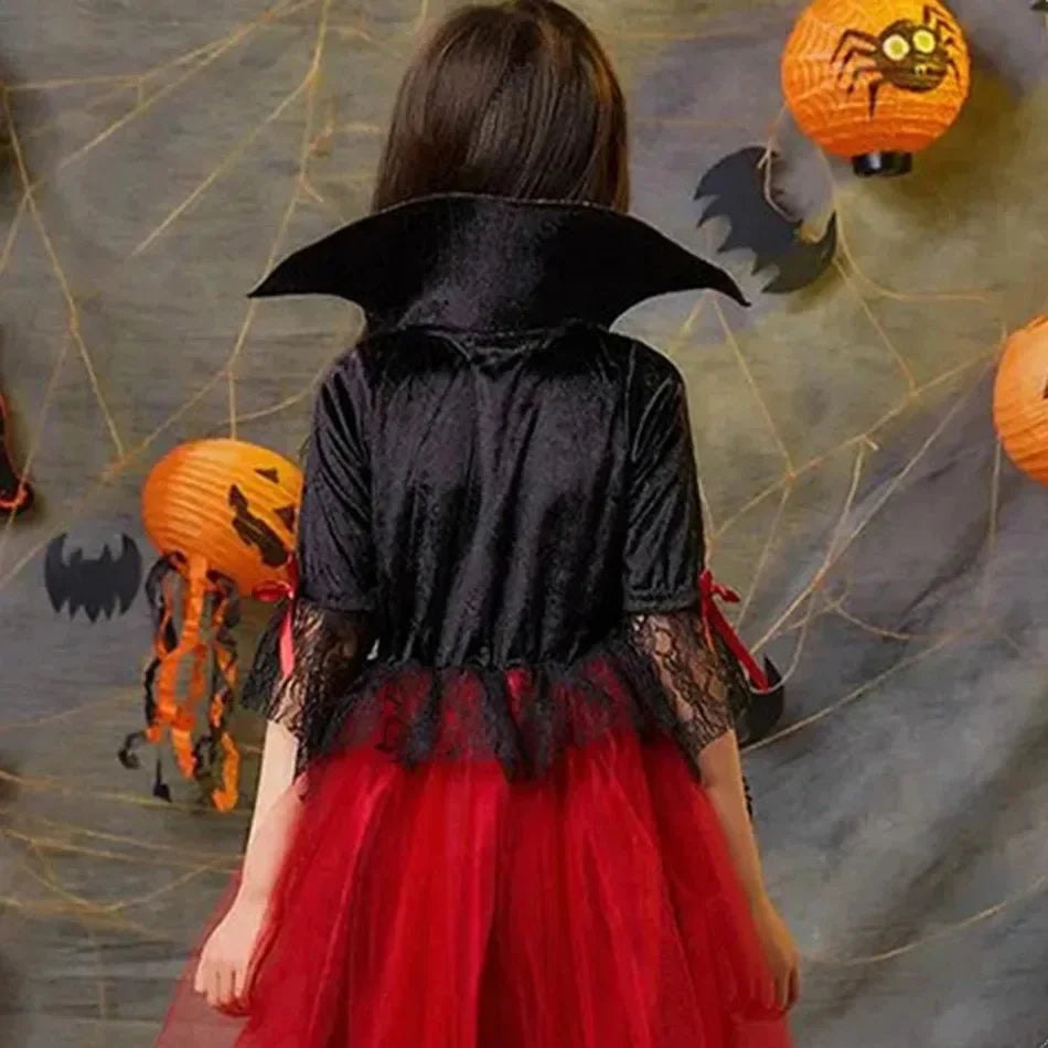2025 Girls Cosplay Vampire Halloween Dress for Kids Ghost Bride Gothic Costume Count Vampiran Carnival Outfit Black Red Clothes