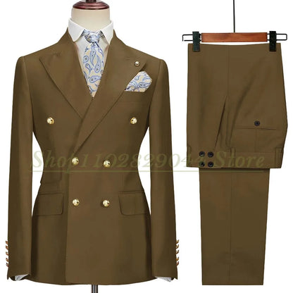 Blazer Hombre Yellow Suits for Men Chic Double Breasted Peak Lapel Elegant Wedding Full Set Male 2 Piece Jacket Pants 031D