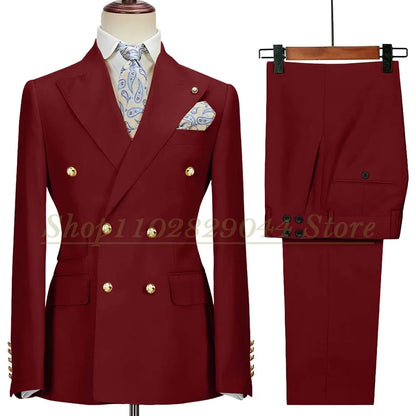 Blazer Hombre Yellow Suits for Men Chic Double Breasted Peak Lapel Elegant Wedding Full Set Male 2 Piece Jacket Pants 031D
