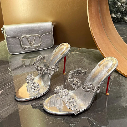 2025 New Transparent Crystal High Heel Slippers Women Sexy Silver Thin Heel Wedding Shoes