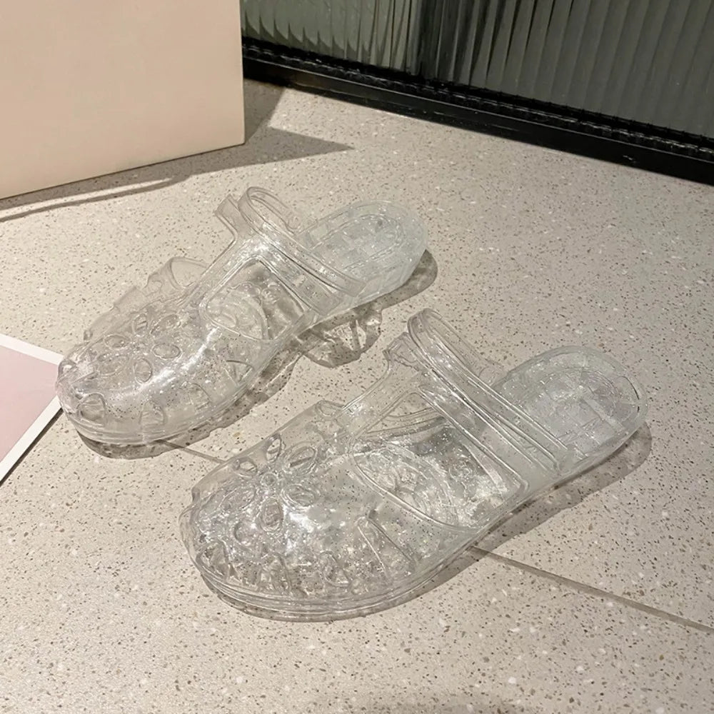 Transparent PVC Crystal Slippers Cover Toe Hollow Flower Flats Slippers Women Beachwear Shoes Anti Slip Slides Sandals Indoor