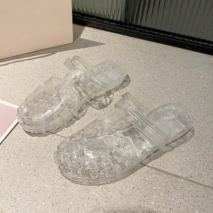 Transparent PVC Crystal Slippers Cover Toe Hollow Flower Flats Slippers Women Beachwear Shoes Anti Slip Slides Sandals Indoor
