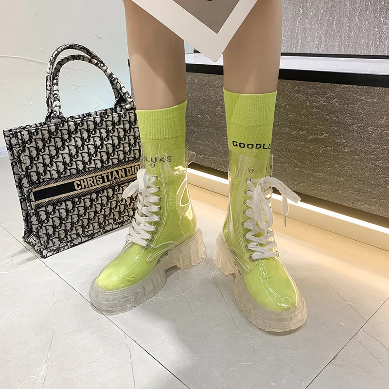 Women Sport Chunky Jelly Shoes Platform Flats Rainboots 2022 Spring New Designer Transparent Ladies Shoes Running Zapatos