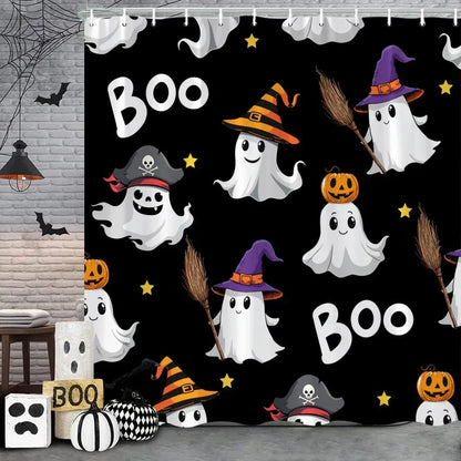 Spooky Horror Halloween Skeleton Crow Shower Curtain Black Bat Black Cat Polyester Fabric Bath Curtain Bathroom Decor With Hooks
