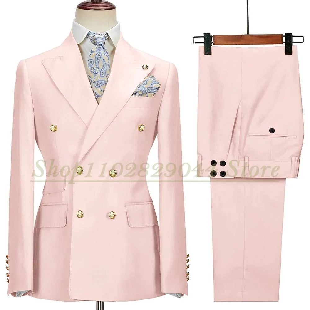 Blazer Hombre Yellow Suits for Men Chic Double Breasted Peak Lapel Elegant Wedding Full Set Male 2 Piece Jacket Pants 031D