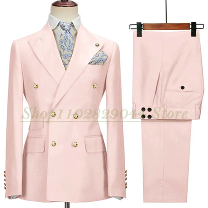 Blazer Hombre Yellow Suits for Men Chic Double Breasted Peak Lapel Elegant Wedding Full Set Male 2 Piece Jacket Pants 031D