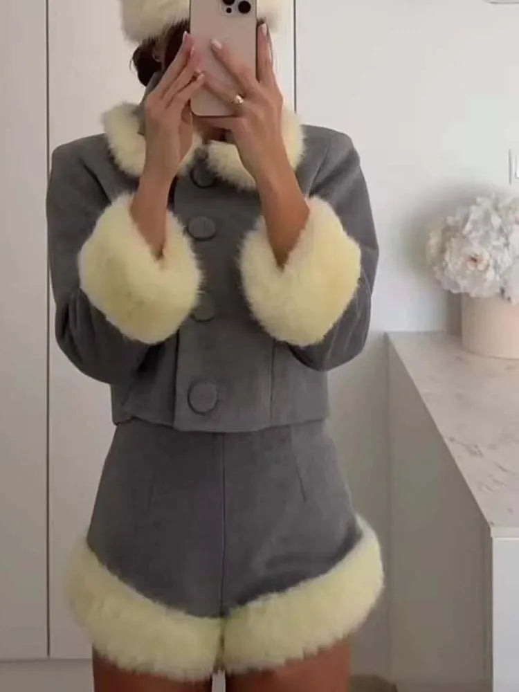 Women Suit 2025 Autumn Winter New Fashion Button Fur Decoration Jacket+Shorts Two-Piece Set Women Elegant Hight Street Suit