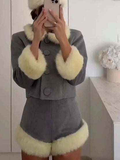 Women Suit 2025 Autumn Winter New Fashion Button Fur Decoration Jacket+Shorts Two-Piece Set Women Elegant Hight Street Suit
