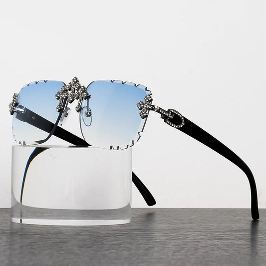 2025 Fashion Square Rimless Sunglasses Cross Diamond Metal Frame For Women Luxury Eyewear Cut Lens UV400 Shades Sun Glasses