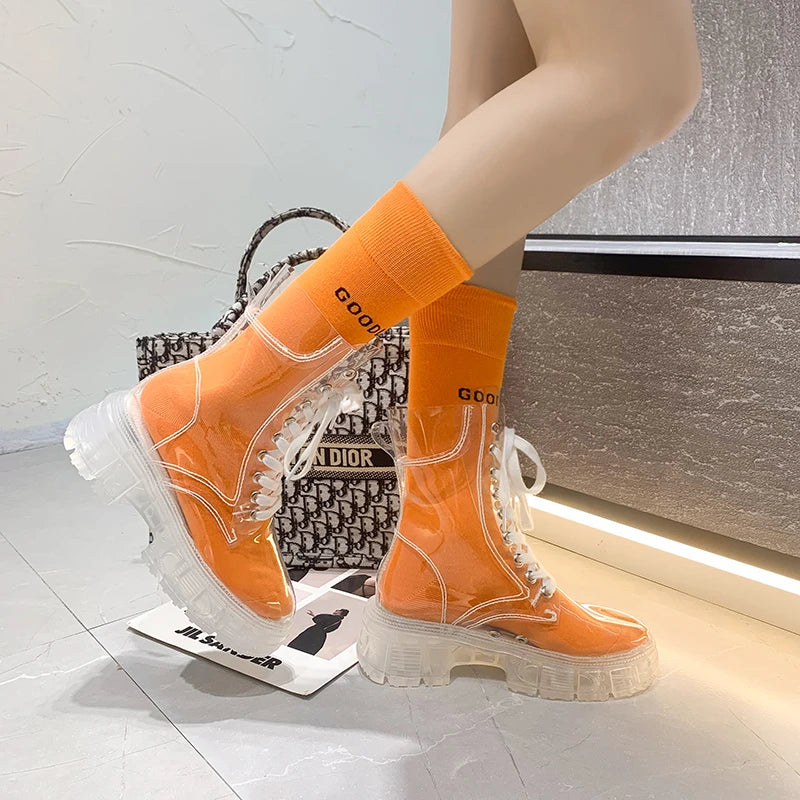 Women Sport Chunky Jelly Shoes Platform Flats Rainboots 2022 Spring New Designer Transparent Ladies Shoes Running Zapatos