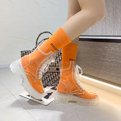 Women Sport Chunky Jelly Shoes Platform Flats Rainboots 2022 Spring New Designer Transparent Ladies Shoes Running Zapatos