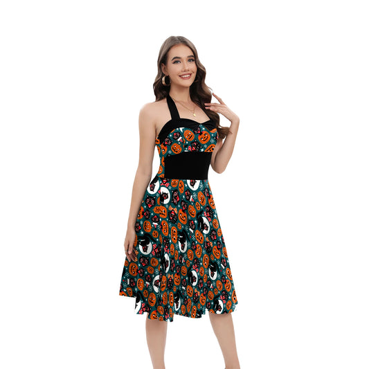 [You're My Secret] Halloween Cosplay Women Skeleton Pumpkin Print Gothic Backless Dress Carnival Party Gown Day of The Dead