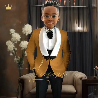 Boys Tuxedo Suit 2 Piece Set, Fashion Black Butterfly Button Jacquard Jacket Black Pants Elegant Slim Wedding Party Formal Wear