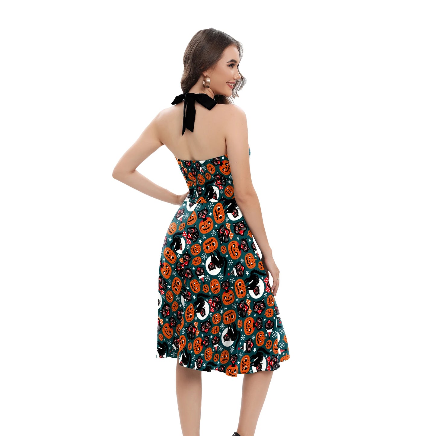 [You're My Secret] Halloween Cosplay Women Skeleton Pumpkin Print Gothic Backless Dress Carnival Party Gown Day of The Dead