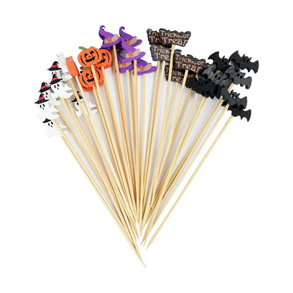 50/100Pcs Halloween Party Toothpicks Disposable Bamboo Skewers Pumpkin Ghost Fruit Fork Cake Dessert Cocktail Stick Decorations