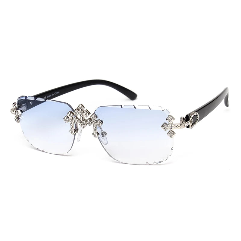 2025 Fashion Square Rimless Sunglasses Cross Diamond Metal Frame For Women Luxury Eyewear Cut Lens UV400 Shades Sun Glasses