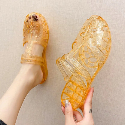 Transparent PVC Crystal Slippers Cover Toe Hollow Flower Flats Slippers Women Beachwear Shoes Anti Slip Slides Sandals Indoor