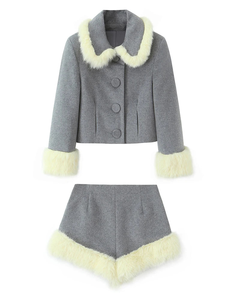 Women Suit 2025 Autumn Winter New Fashion Button Fur Decoration Jacket+Shorts Two-Piece Set Women Elegant Hight Street Suit