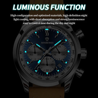 BINBOND B380 Top Luxury Leather Quartz Men's Watch Luminous Waterproof Fashion Casual Multi Functional Timer Business Men Watch