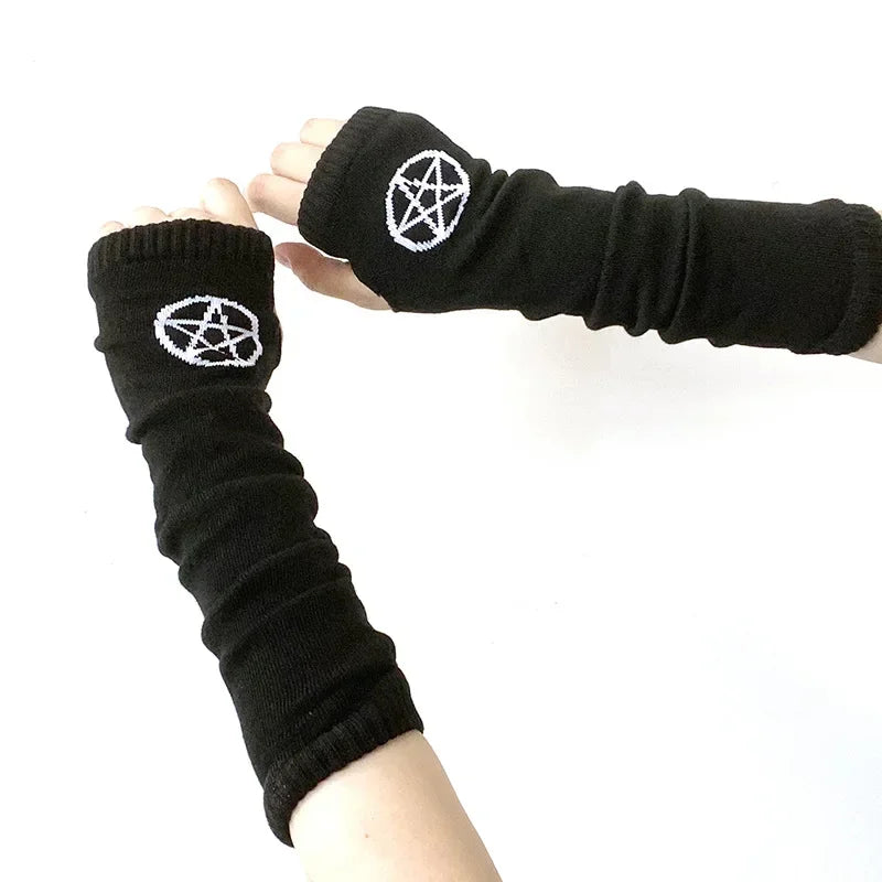 Punk EMO Style Streetwear Women Wrist Arm Warmer Knitted Long Fingerless Oversleeve Black Mitten Halloween CrossDark Moon
