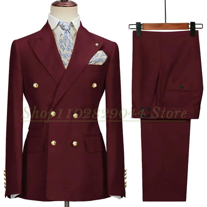 Blazer Hombre Yellow Suits for Men Chic Double Breasted Peak Lapel Elegant Wedding Full Set Male 2 Piece Jacket Pants 031D