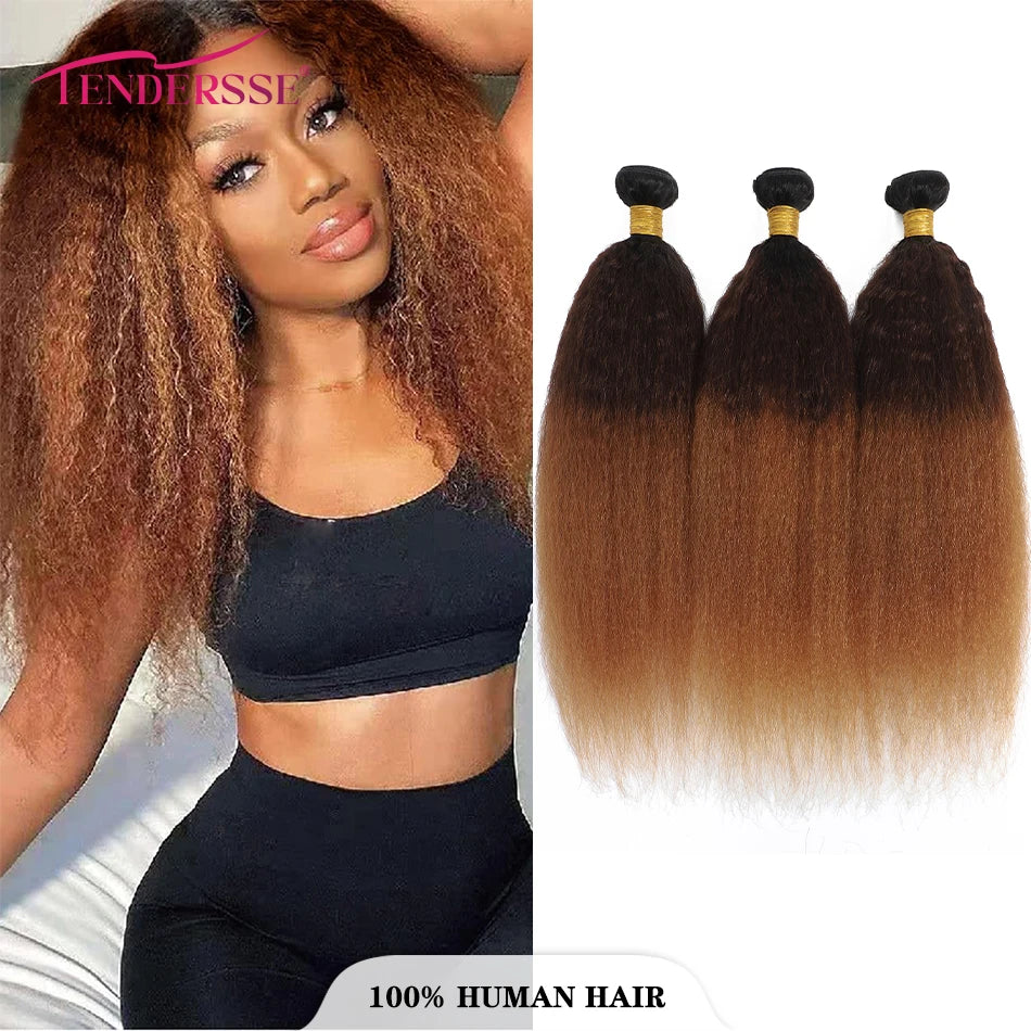 10A Peruvian Virgin Hair Kinky Straight Hair 3 Bundles Dark Root Brown Afro Ombre Yaki Human Hair Wave For Women On Clearance