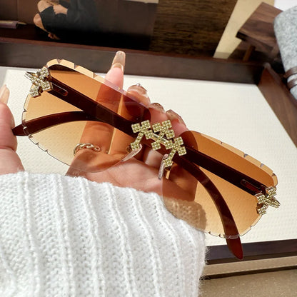 Women's Fashionable Frameless Edged Sunglasses Square Frame Lace Diamond-set Fashionable Glasses 90324