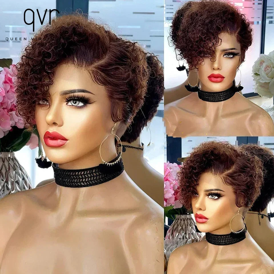 QVR Short Bob Wig Pixie Cut Wig Curly Human Hair Wigs For Women  Lace Front Wigs Peruvian Deep Wave Lace Wig Preplucked Hairline