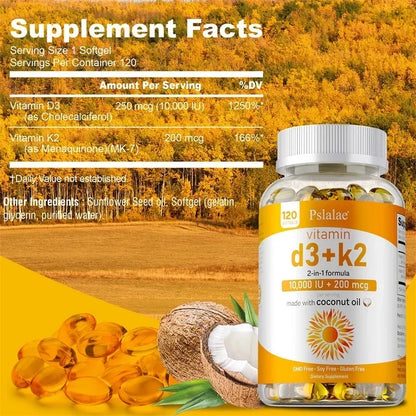Vitamin D3+K2 Supplement - for Calcium Absorption, Maintain Teeth, Bones, Heart and Joint Health, Promote Blood Circulation