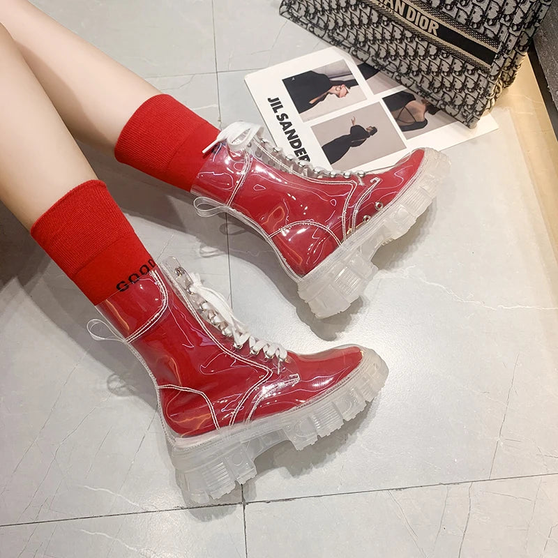 Women Sport Chunky Jelly Shoes Platform Flats Rainboots 2022 Spring New Designer Transparent Ladies Shoes Running Zapatos