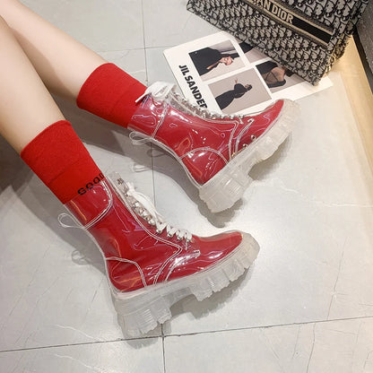Women Sport Chunky Jelly Shoes Platform Flats Rainboots 2022 Spring New Designer Transparent Ladies Shoes Running Zapatos