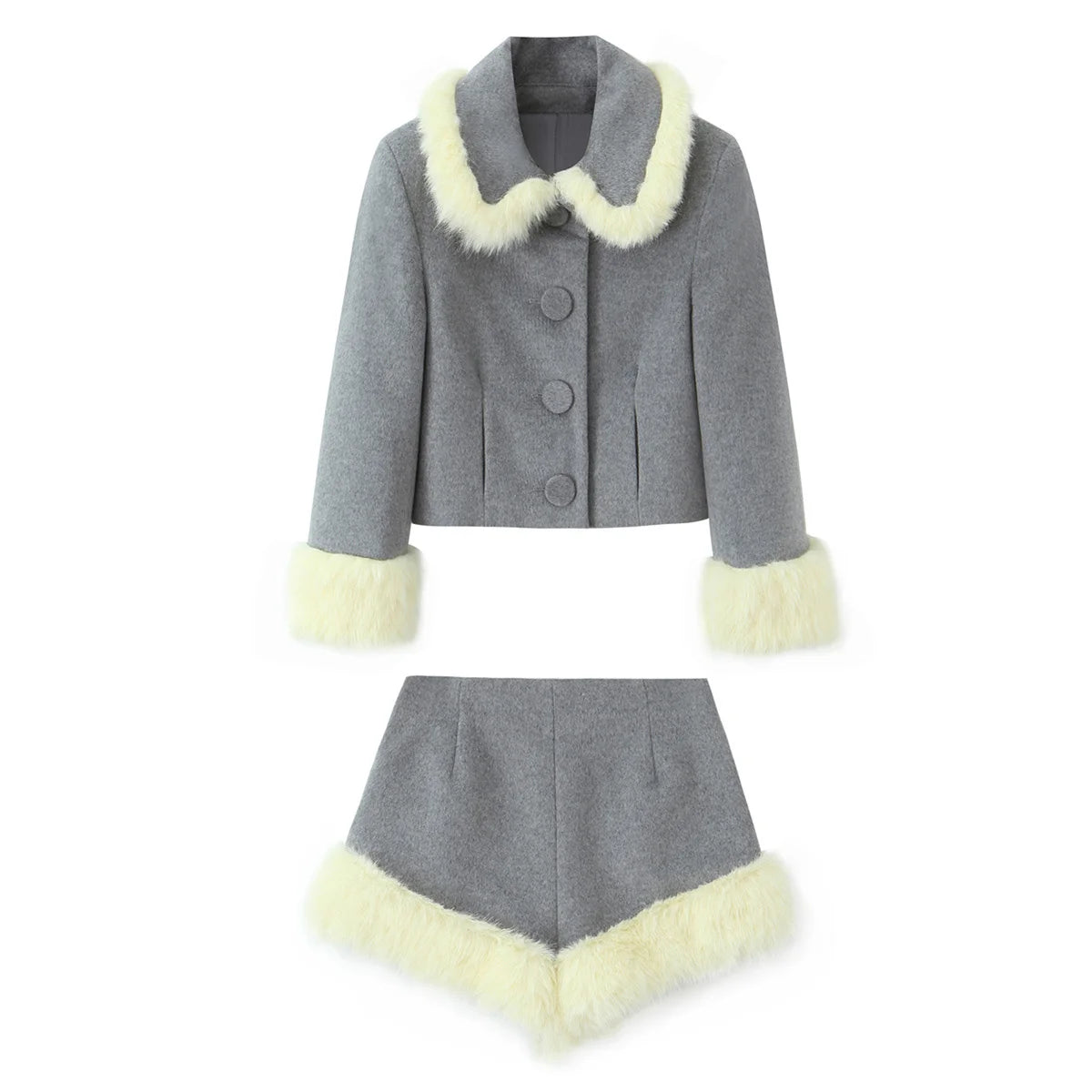 Women Suit 2025 Autumn Winter New Fashion Button Fur Decoration Jacket+Shorts Two-Piece Set Women Elegant Hight Street Suit