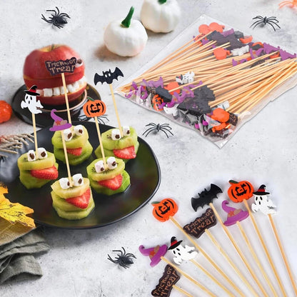 50/100Pcs Halloween Party Toothpicks Disposable Bamboo Skewers Pumpkin Ghost Fruit Fork Cake Dessert Cocktail Stick Decorations
