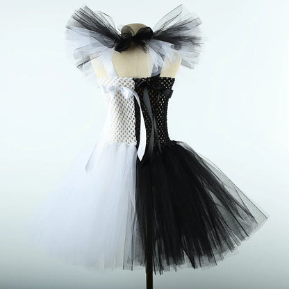 2025 Halloween Festive Party Girls Cosplay Black and White Witch Sleeveless Clown Lace Vampire Clothing Plus Accessories Set