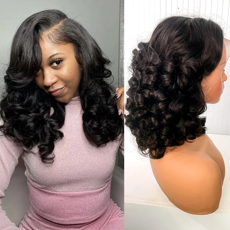 100% Human Hair Natural Black 250 Density Bouncy Curly Loose Body Wave Super Double Drawn Raw Indian Hair 13x4 Lace Frontal Wigs