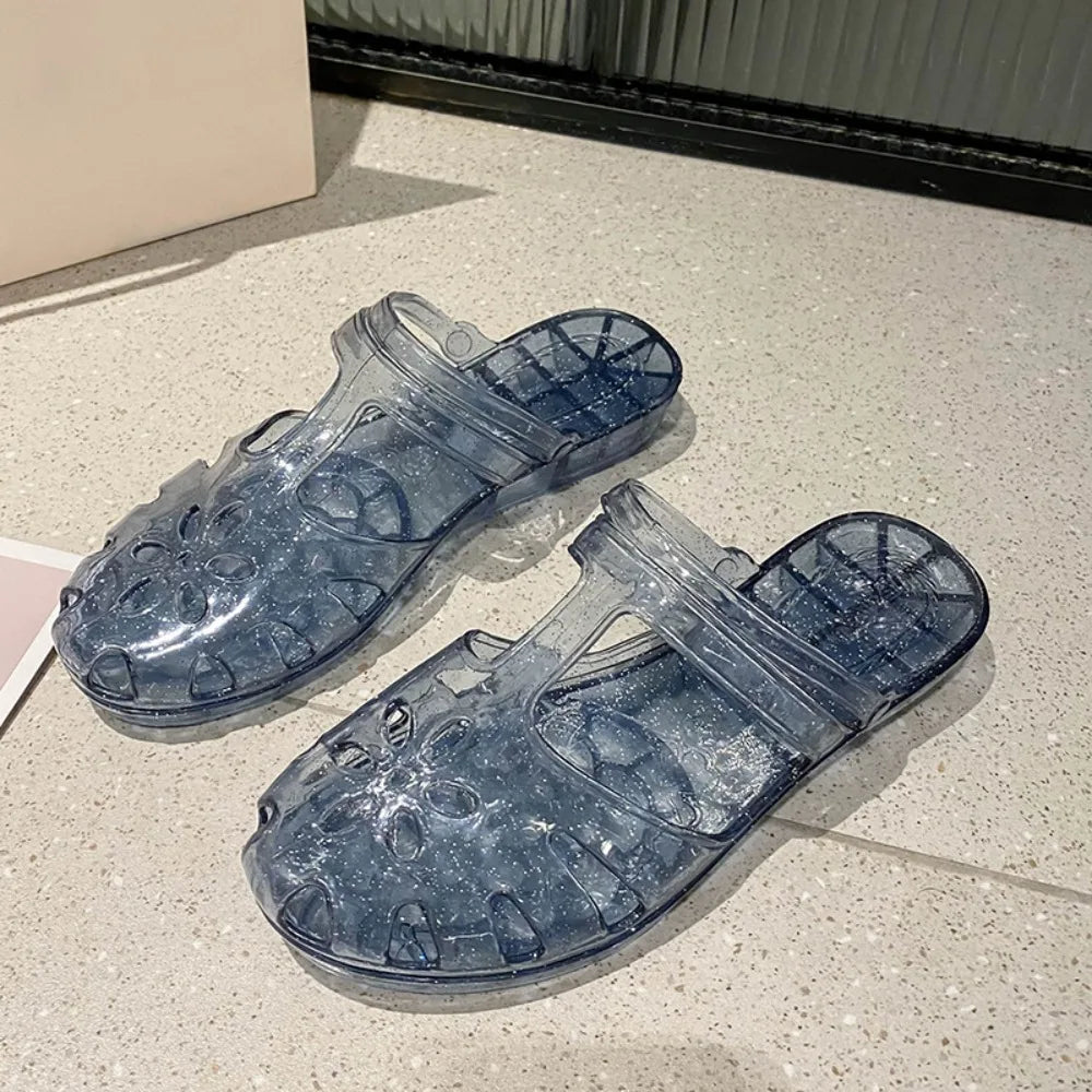 Transparent PVC Crystal Slippers Cover Toe Hollow Flower Flats Slippers Women Beachwear Shoes Anti Slip Slides Sandals Indoor