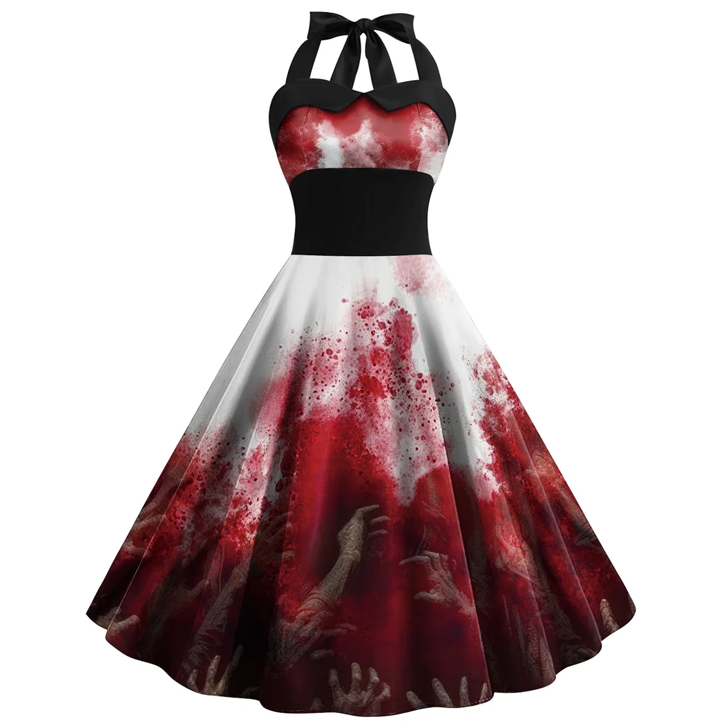 [You're My Secret] Halloween Cosplay Women Skeleton Pumpkin Print Gothic Backless Dress Carnival Party Gown Day of The Dead