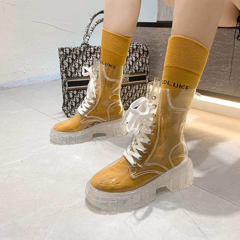 Women Sport Chunky Jelly Shoes Platform Flats Rainboots 2022 Spring New Designer Transparent Ladies Shoes Running Zapatos