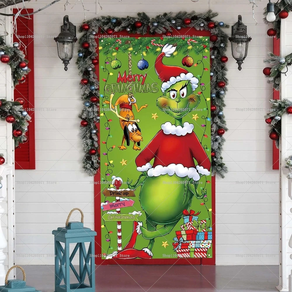 Christmas Green Haired Monster Door Cover Background Cloth Banner Christmas Party Scene Decoration Door Cover