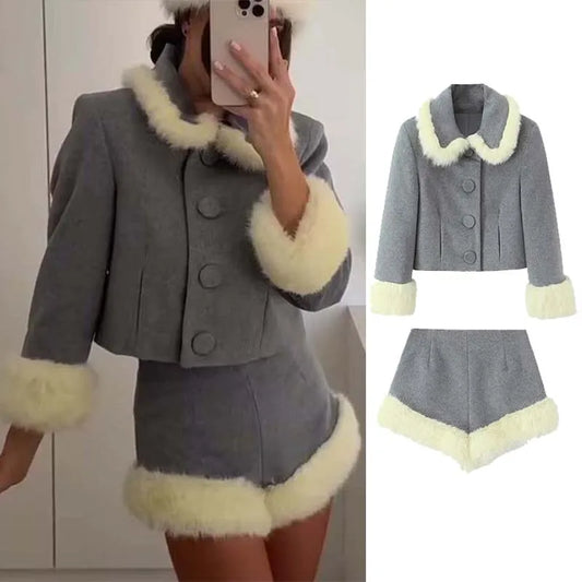 Women Suit 2025 Autumn Winter New Fashion Button Fur Decoration Jacket+Shorts Two-Piece Set Women Elegant Hight Street Suit