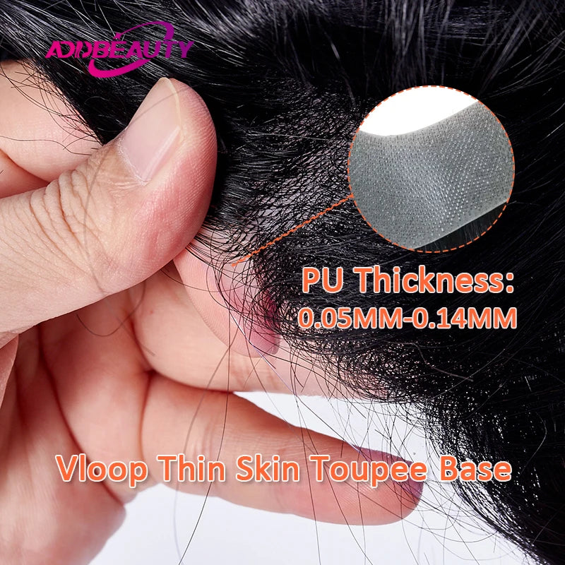 Vstyle Front Human Hairpiece for Men Vloop Thin Skin Natural Human Hair System Full PU 0.14cm Man Toupee 100% Human Hair Wigs