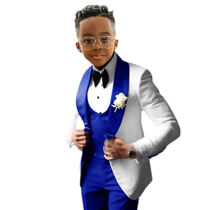 Boy Suits Costume 3 Pieces Child White Jacket Sets Black Vest Pant Flower Boys Formal Party Suit Kids Wedding Suit Tuxedo