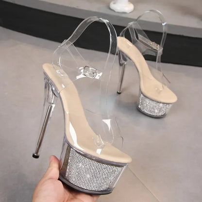 Transparent Crystal Women Shoes Summer New Chain Thin High Heels Platform Steel Pipe Dance Open Toe Sexy Party Female Sandals