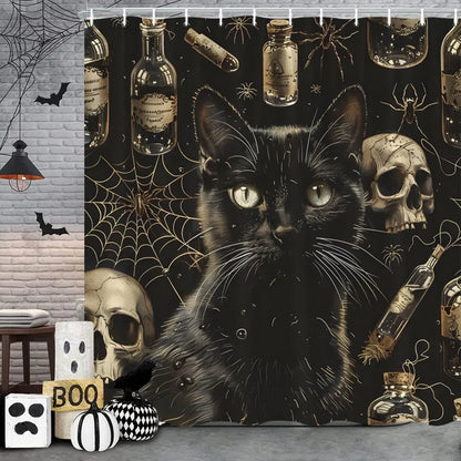 Spooky Horror Halloween Skeleton Crow Shower Curtain Black Bat Black Cat Polyester Fabric Bath Curtain Bathroom Decor With Hooks